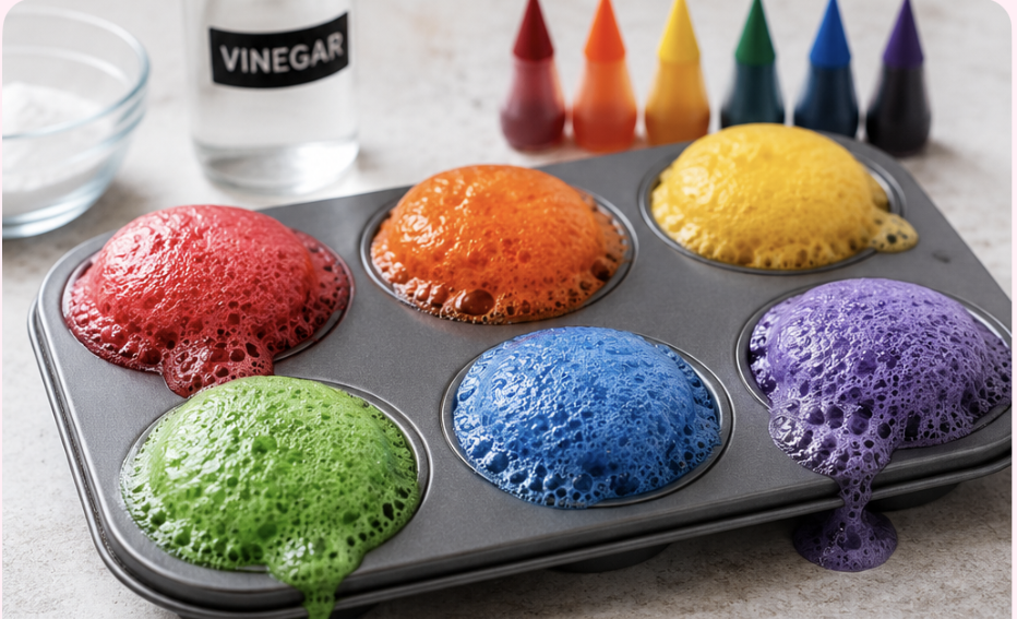 Fun Activity- Baking soda and vinegar colour explosion in a muffin tin