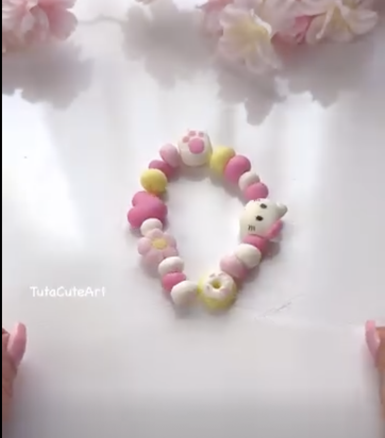 Craft Idea - Homemade clay charm bracelet with pink and white beads