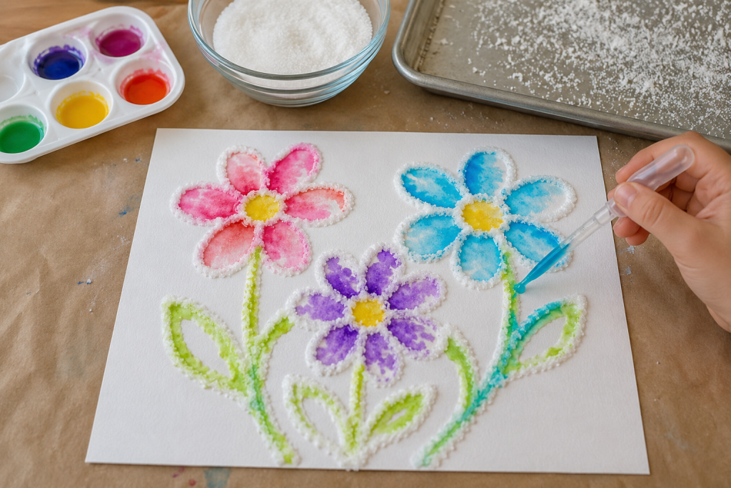 Craft and Activity idea - Flower salt painting artwork in bright watercolours