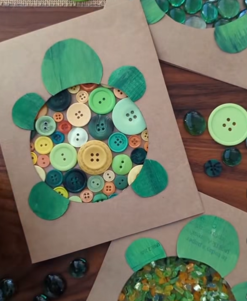 Turtle collage made with green buttons and paper