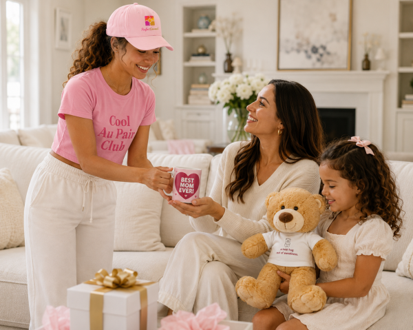 Au pair giving PerfectConnect merchandise to a host mother and child
